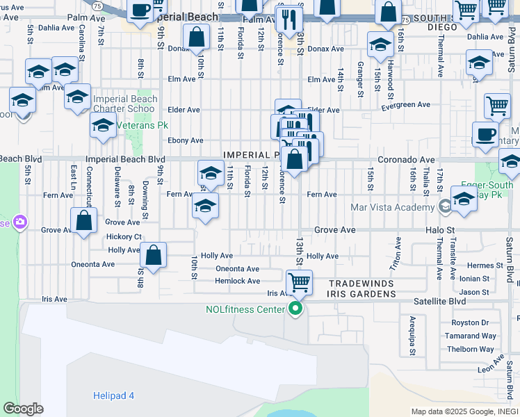 map of restaurants, bars, coffee shops, grocery stores, and more near 1236 12th Street in Imperial Beach