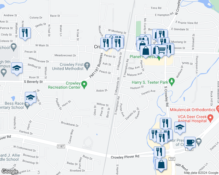 map of restaurants, bars, coffee shops, grocery stores, and more near 409 Heather Street in Crowley