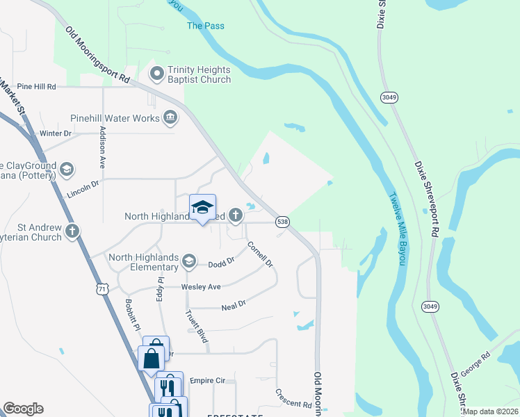 map of restaurants, bars, coffee shops, grocery stores, and more near 3525 Old Mooringsport Road in Shreveport