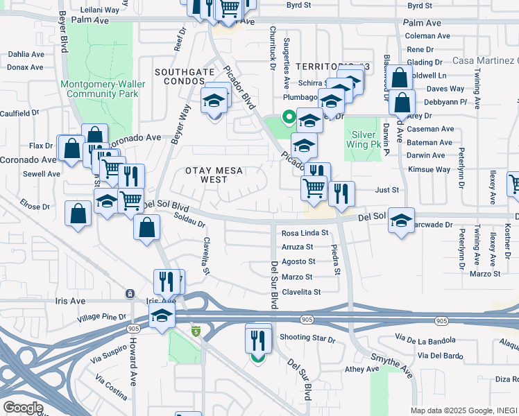map of restaurants, bars, coffee shops, grocery stores, and more near 3516 Del Sol Boulevard in San Diego