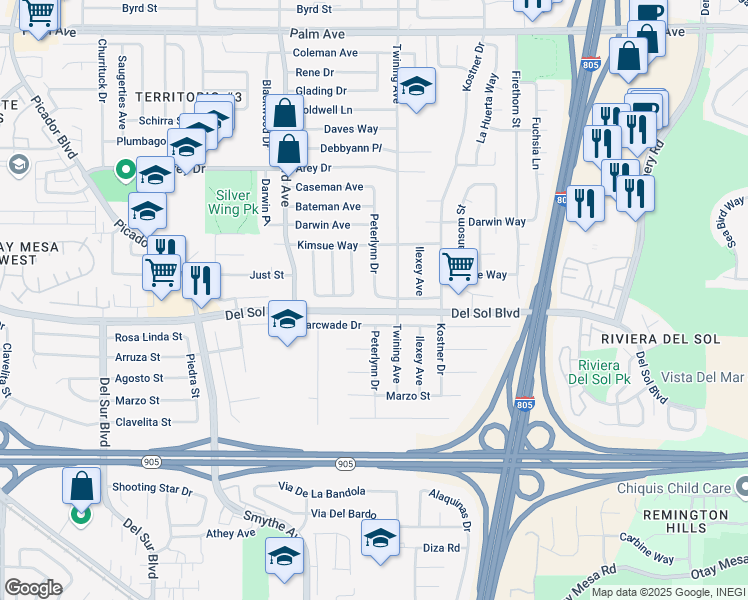 map of restaurants, bars, coffee shops, grocery stores, and more near 4105 Enero Street in San Diego