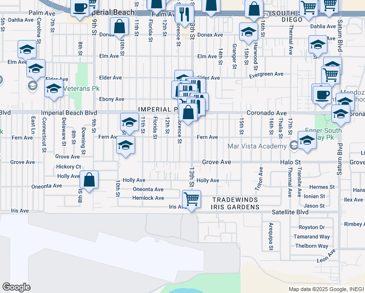 map of restaurants, bars, coffee shops, grocery stores, and more near 1241 Florence Street in Imperial Beach
