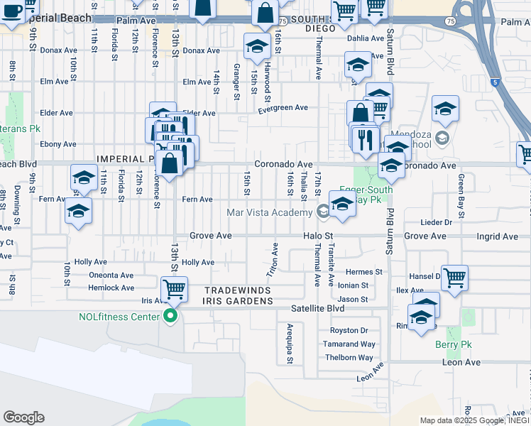 map of restaurants, bars, coffee shops, grocery stores, and more near 1233 Gaywood Street in San Diego