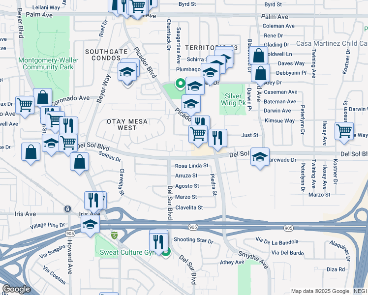 map of restaurants, bars, coffee shops, grocery stores, and more near 3630 Del Sol Boulevard in San Diego