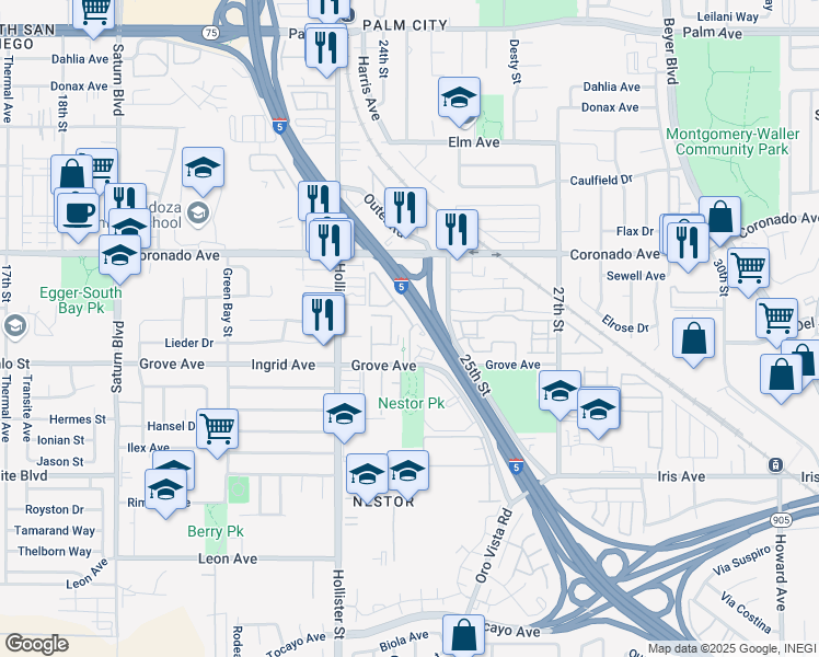 map of restaurants, bars, coffee shops, grocery stores, and more near 1177 Tesoro Grove Way in San Diego