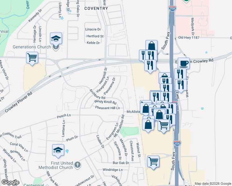 map of restaurants, bars, coffee shops, grocery stores, and more near 12621 Summerwood Drive in Burleson