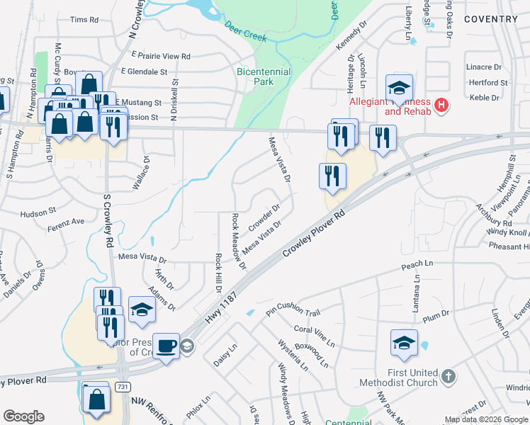 map of restaurants, bars, coffee shops, grocery stores, and more near 941 Behrens Court in Crowley