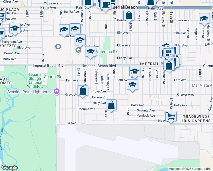 map of restaurants, bars, coffee shops, grocery stores, and more near 1250 Downing Street in Imperial Beach