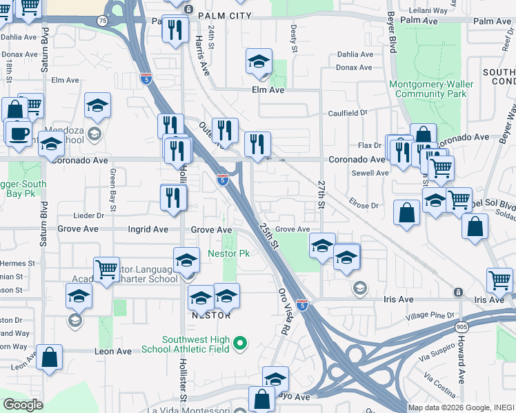 map of restaurants, bars, coffee shops, grocery stores, and more near 1226 Caminito Cedro in San Diego