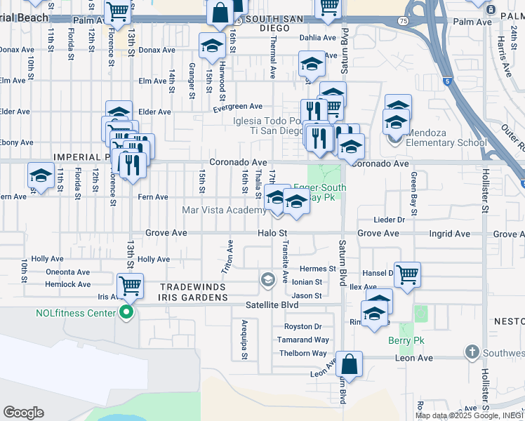 map of restaurants, bars, coffee shops, grocery stores, and more near 1233 Thalia Street in San Diego