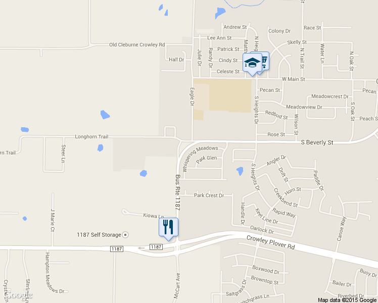 map of restaurants, bars, coffee shops, grocery stores, and more near 1160 Whispering Meadows in Crowley