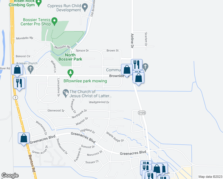 map of restaurants, bars, coffee shops, grocery stores, and more near 2610 Palmetto Drive in Bossier City