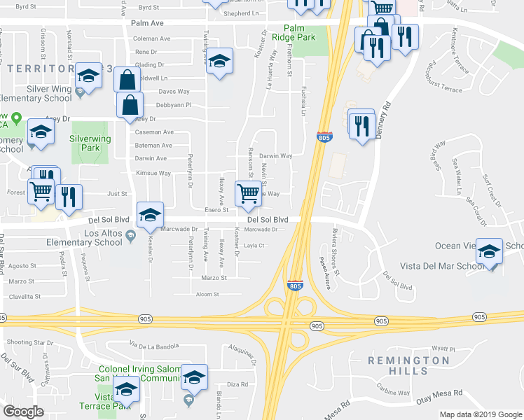 map of restaurants, bars, coffee shops, grocery stores, and more near 1235 Del Sol Way in San Diego