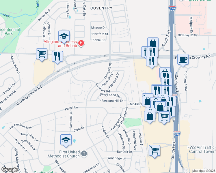 map of restaurants, bars, coffee shops, grocery stores, and more near 12624 Panorama Drive in Burleson