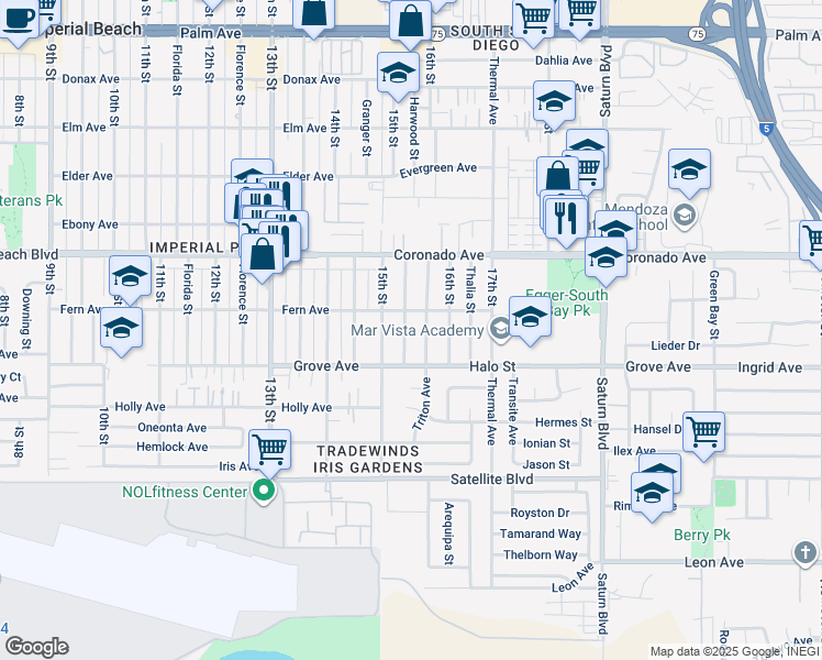 map of restaurants, bars, coffee shops, grocery stores, and more near 1233 Gaywood Street in San Diego