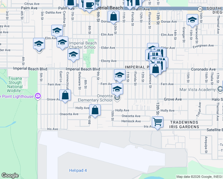 map of restaurants, bars, coffee shops, grocery stores, and more near 1231 Essex Street in Imperial Beach