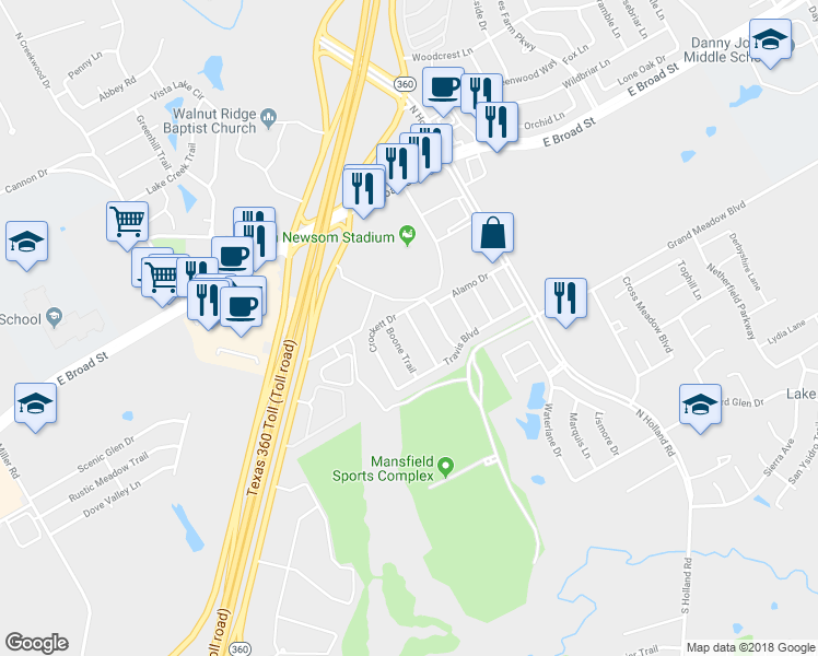 map of restaurants, bars, coffee shops, grocery stores, and more near 717 San Antonio Trail in Mansfield