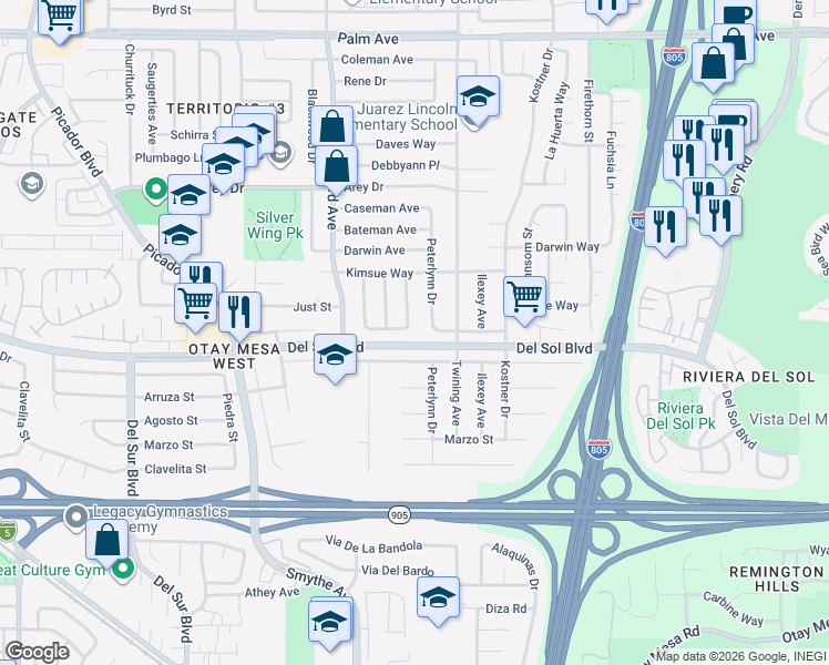 map of restaurants, bars, coffee shops, grocery stores, and more near 4105 Enero Street in San Diego