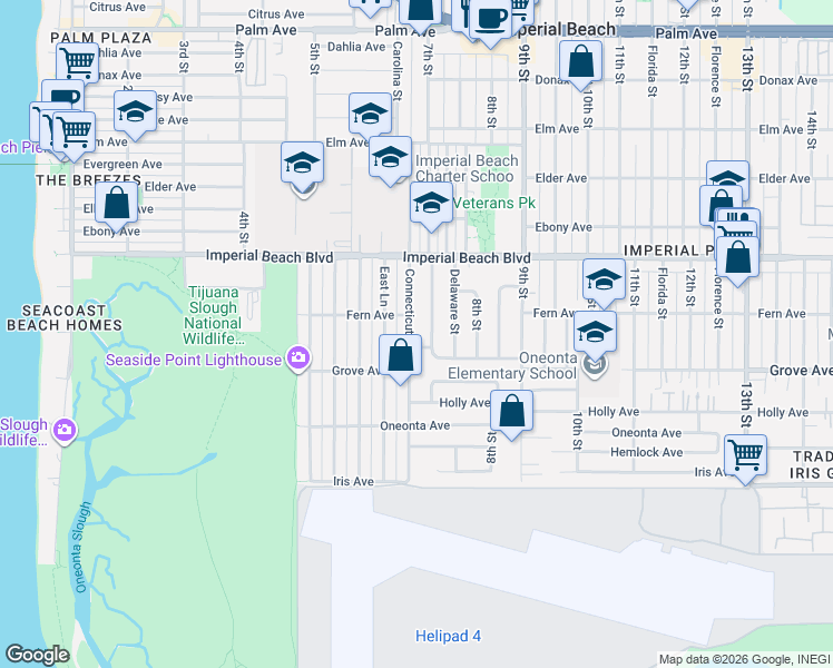 map of restaurants, bars, coffee shops, grocery stores, and more near 1221 Connecticut Street in Imperial Beach