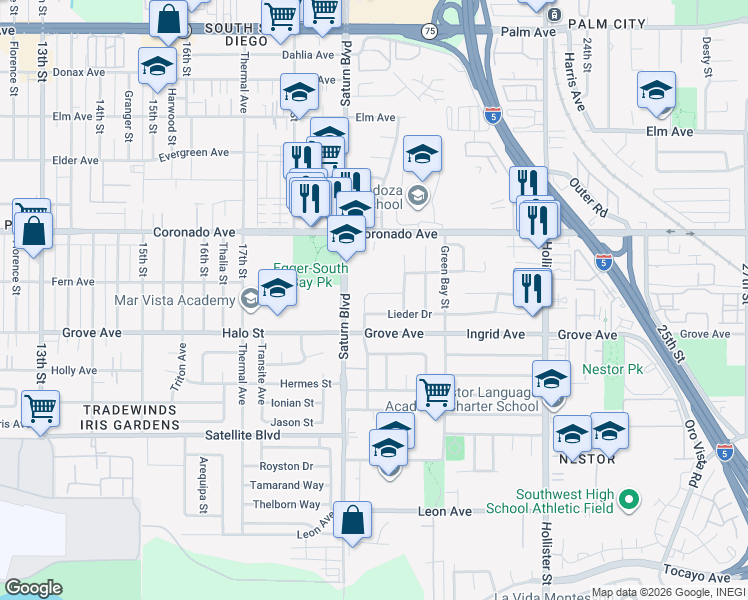 map of restaurants, bars, coffee shops, grocery stores, and more near 1959 Yodel Lane in San Diego