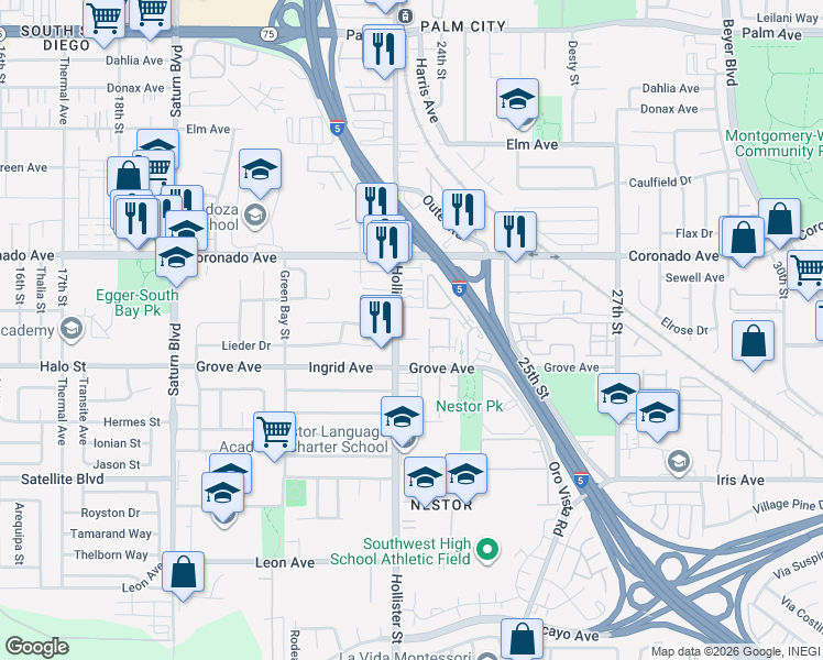 map of restaurants, bars, coffee shops, grocery stores, and more near 1233 Hollister Street in San Diego