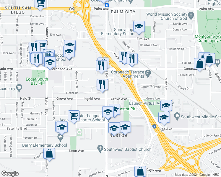 map of restaurants, bars, coffee shops, grocery stores, and more near 1233 Hollister Street in San Diego