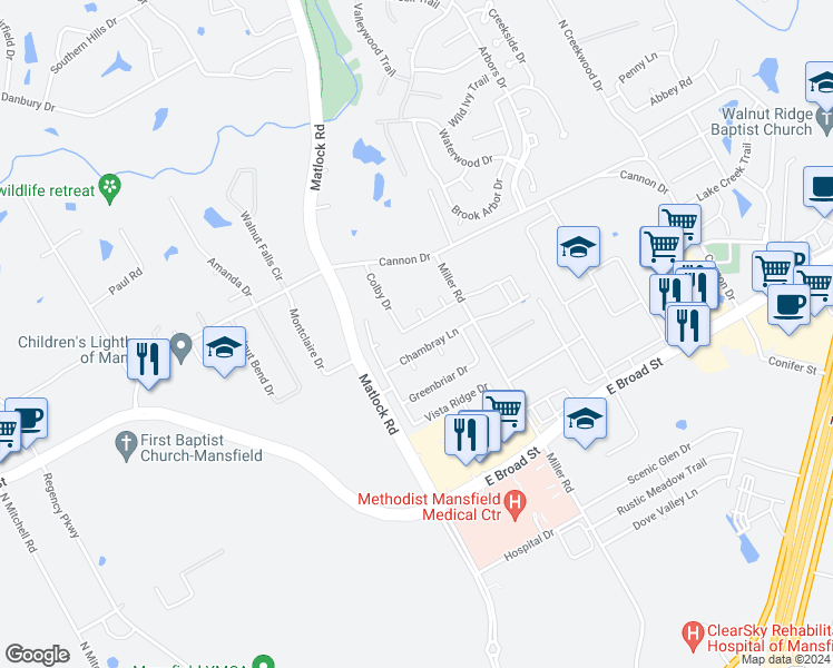 map of restaurants, bars, coffee shops, grocery stores, and more near 705 Colby Drive in Mansfield