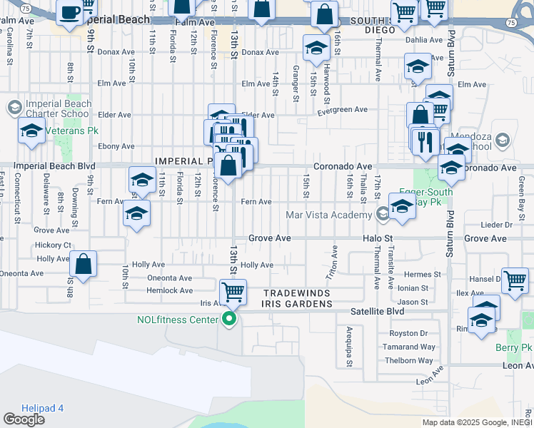 map of restaurants, bars, coffee shops, grocery stores, and more near 1226 14th Street in Imperial Beach