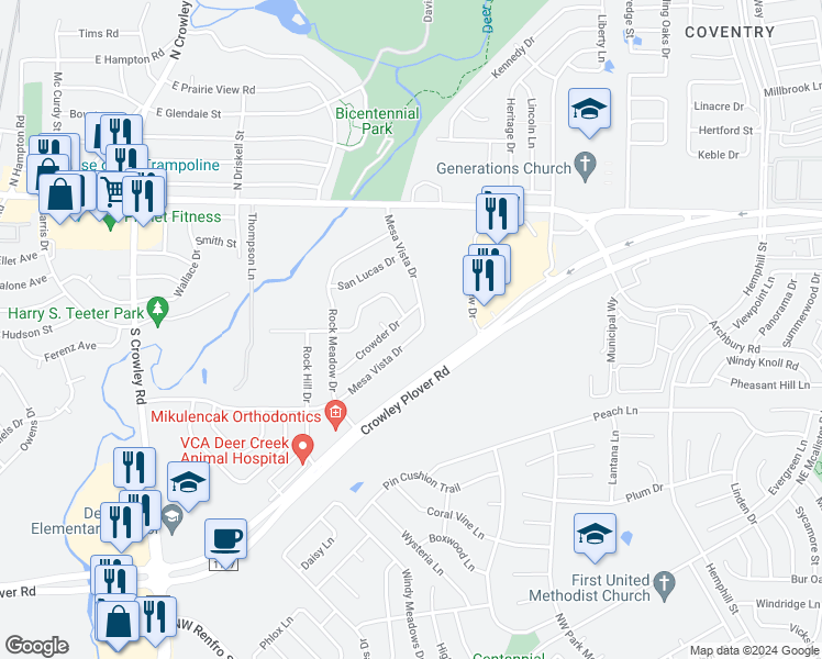map of restaurants, bars, coffee shops, grocery stores, and more near 977 Mesa Vista Drive in Crowley