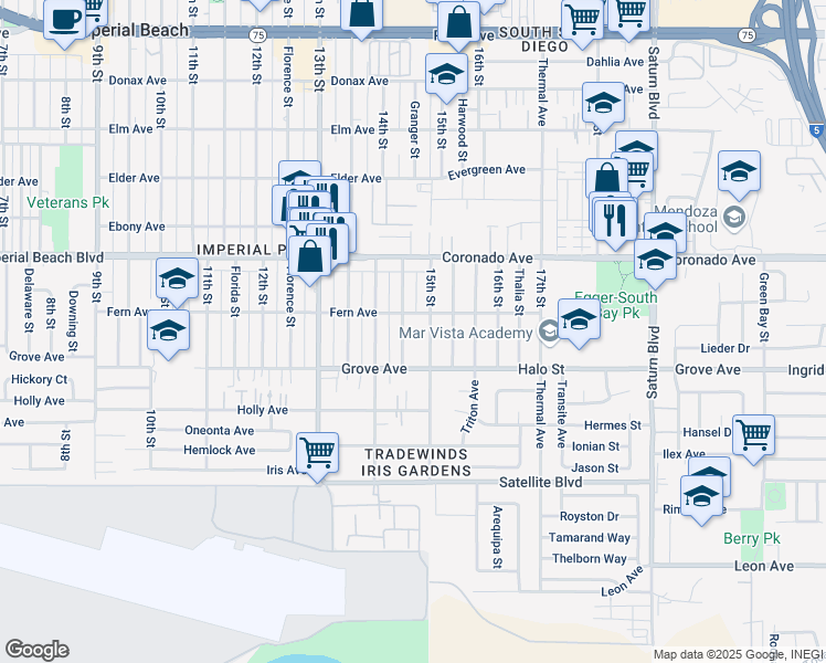 map of restaurants, bars, coffee shops, grocery stores, and more near 1227 Granger Street in Imperial Beach