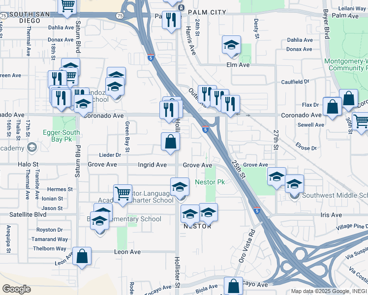 map of restaurants, bars, coffee shops, grocery stores, and more near 1233 Hollister Street in San Diego