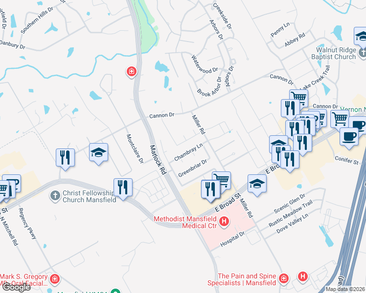 map of restaurants, bars, coffee shops, grocery stores, and more near 705 Colby Drive in Mansfield