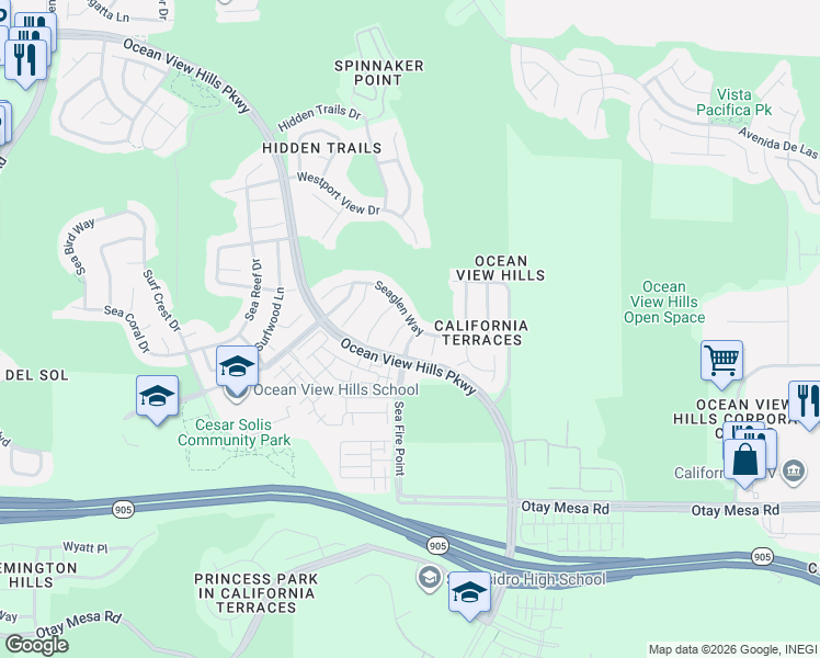map of restaurants, bars, coffee shops, grocery stores, and more near 1223 Seahill Court in San Diego