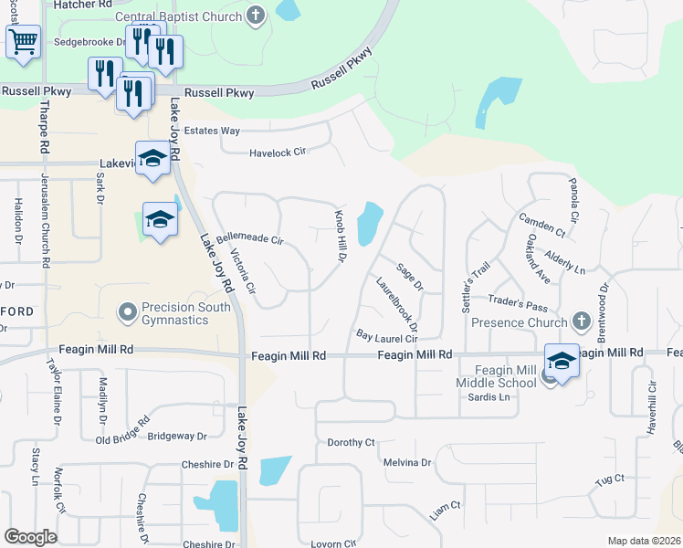 map of restaurants, bars, coffee shops, grocery stores, and more near 210 Knob Hill Drive in Warner Robins