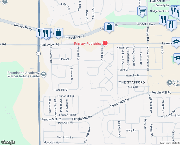 map of restaurants, bars, coffee shops, grocery stores, and more near 437 Nandina Court in Warner Robins