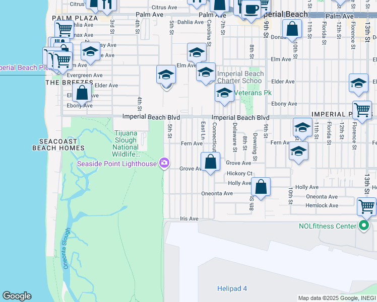 map of restaurants, bars, coffee shops, grocery stores, and more near 1224 Louden Lane in Imperial Beach