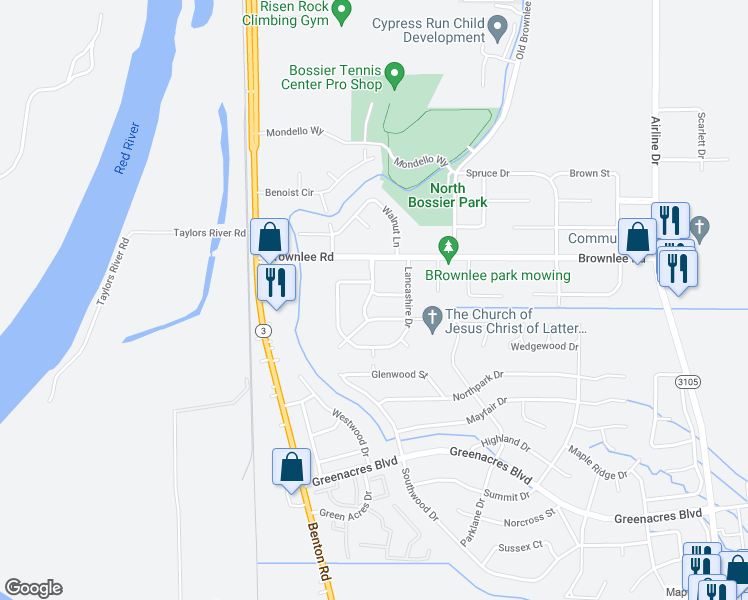 map of restaurants, bars, coffee shops, grocery stores, and more near 200 Kensington Avenue in Bossier City