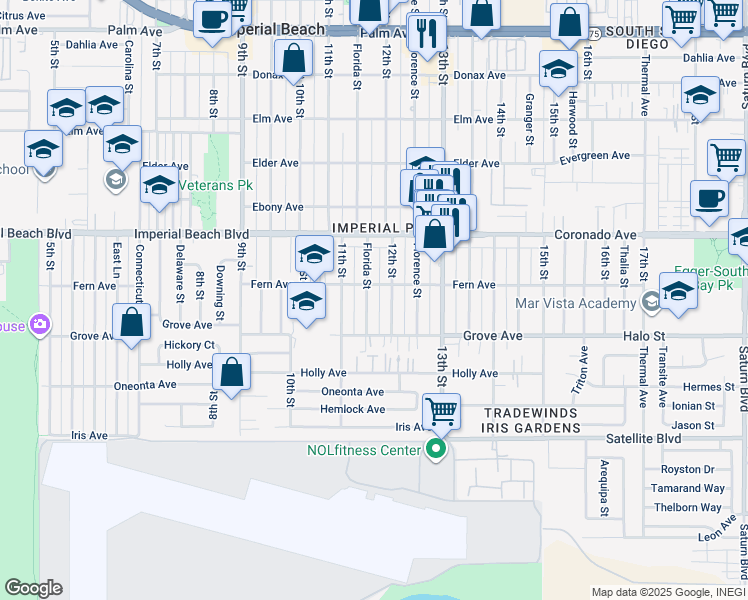 map of restaurants, bars, coffee shops, grocery stores, and more near 1221 Florida Street in Imperial Beach