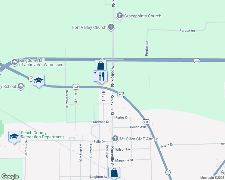 map of restaurants, bars, coffee shops, grocery stores, and more near 1607 Knoxville Street in Fort Valley