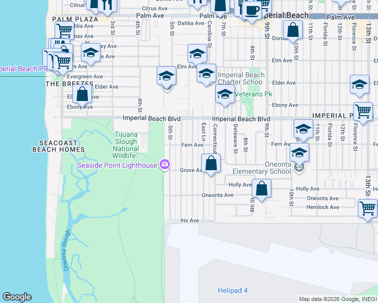 map of restaurants, bars, coffee shops, grocery stores, and more near 1224 Louden Lane in Imperial Beach