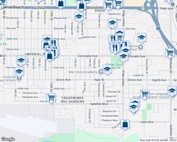 map of restaurants, bars, coffee shops, grocery stores, and more near 1232 16th Street in San Diego