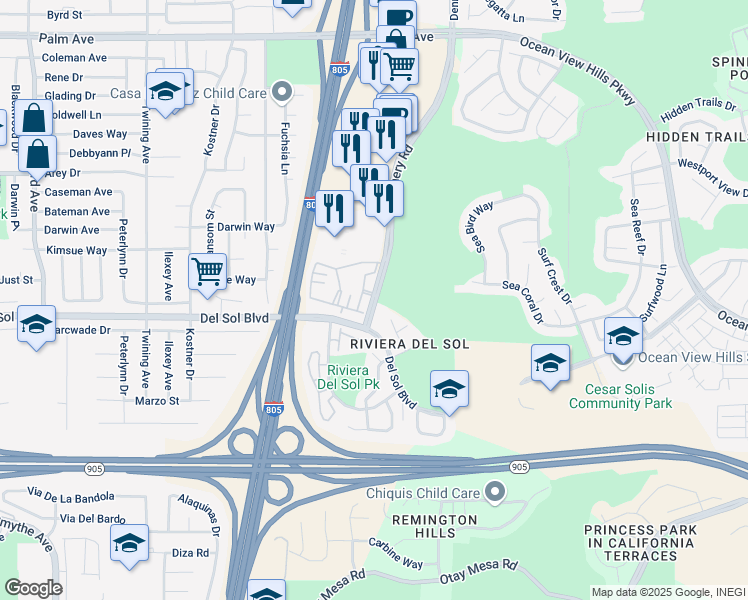map of restaurants, bars, coffee shops, grocery stores, and more near 1276 Dennery Road in San Diego