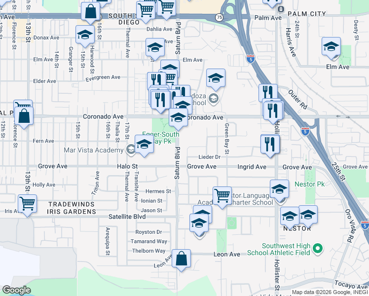 map of restaurants, bars, coffee shops, grocery stores, and more near 1959 Yodel Lane in San Diego