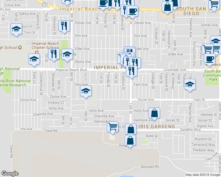 map of restaurants, bars, coffee shops, grocery stores, and more near 1236 12th Street in Imperial Beach