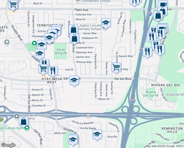 map of restaurants, bars, coffee shops, grocery stores, and more near 4045 Enero Way in San Diego