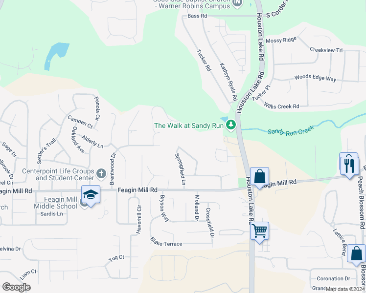 map of restaurants, bars, coffee shops, grocery stores, and more near 118 Morningdale Drive in Warner Robins