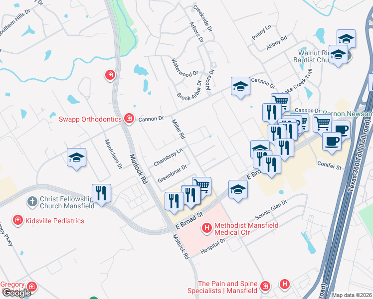 map of restaurants, bars, coffee shops, grocery stores, and more near 710 Ascot Park Drive in Mansfield