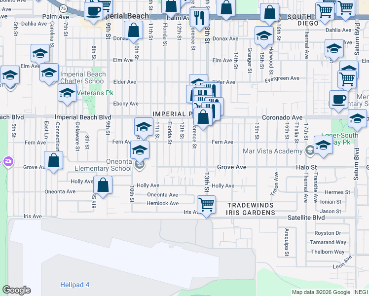 map of restaurants, bars, coffee shops, grocery stores, and more near 1223 12th Street in Imperial Beach