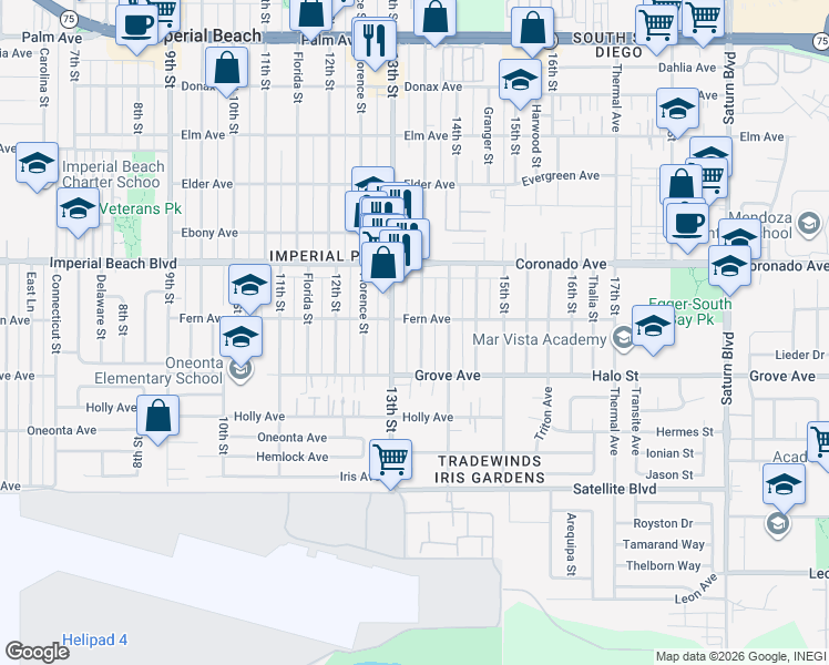 map of restaurants, bars, coffee shops, grocery stores, and more near 1226 Georgia Street in Imperial Beach