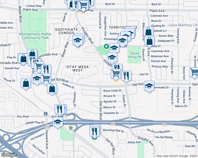 map of restaurants, bars, coffee shops, grocery stores, and more near 3516 Del Sol Boulevard in San Diego